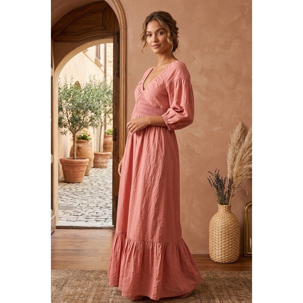 Patrons of Peace Smocked V-Neck Balloon Sleeve Maxi Dress XS Pink Peach Boho